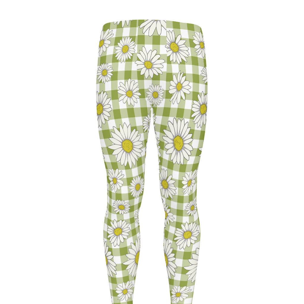 Green Tartan Daisy Pattern Print Men's leggings