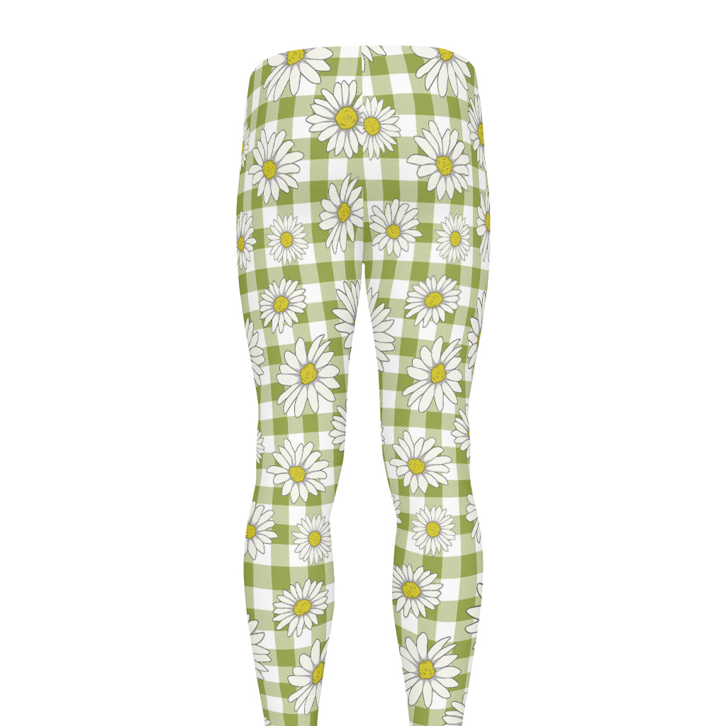 Green Tartan Daisy Pattern Print Men's leggings