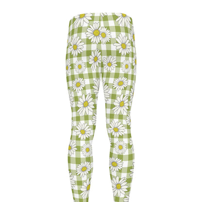 Green Tartan Daisy Pattern Print Men's leggings