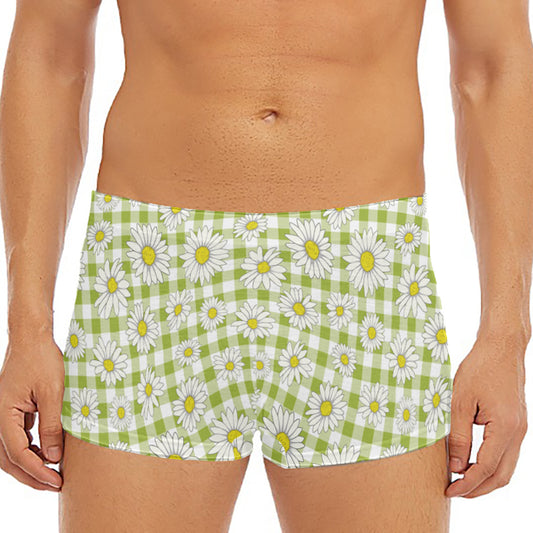 Green Tartan Daisy Pattern Print Men's Short Boxer Briefs