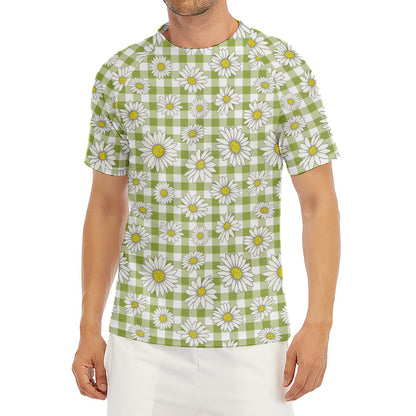 Green Tartan Daisy Pattern Print Men's Short Sleeve Rash Guard