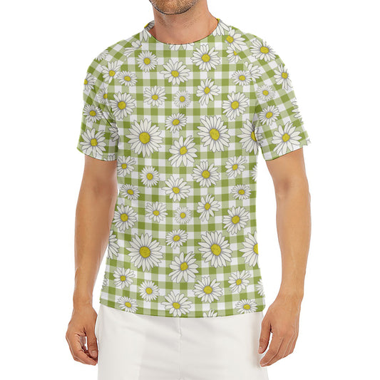 Green Tartan Daisy Pattern Print Men's Short Sleeve Rash Guard