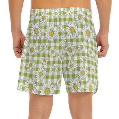 Green Tartan Daisy Pattern Print Men's Split Running Shorts