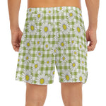 Green Tartan Daisy Pattern Print Men's Split Running Shorts