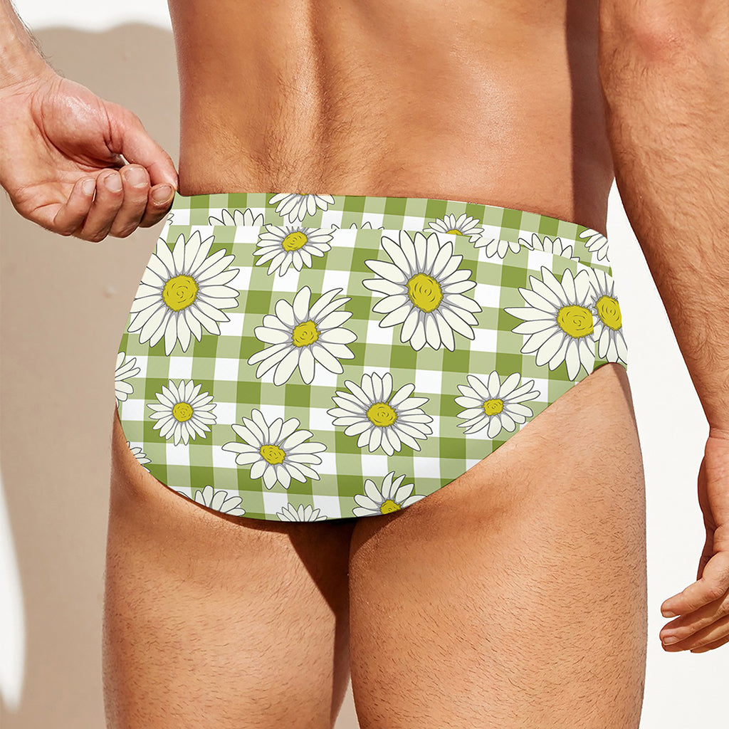 Green Tartan Daisy Pattern Print Men's Swim Briefs