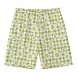 Green Tartan Daisy Pattern Print Men's Swim Trunks