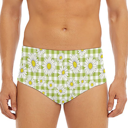 Green Tartan Daisy Pattern Print Men's Triangle Swim Briefs