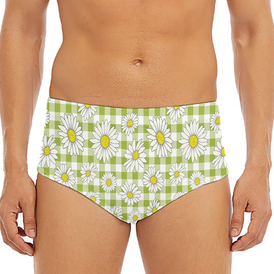 Green Tartan Daisy Pattern Print Men's Triangle Swim Briefs