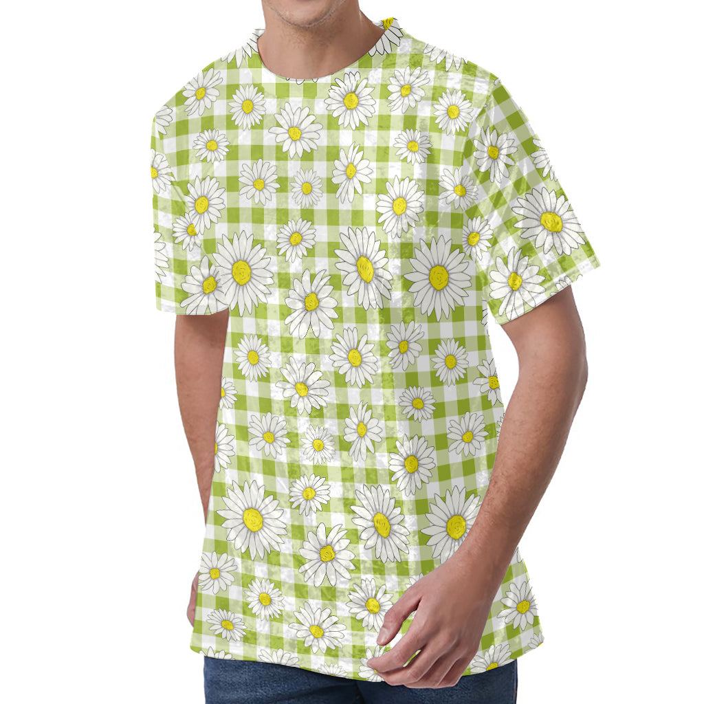 Green Tartan Daisy Pattern Print Men's Velvet T-Shirt