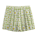 Green Tartan Daisy Pattern Print Mesh Shorts
