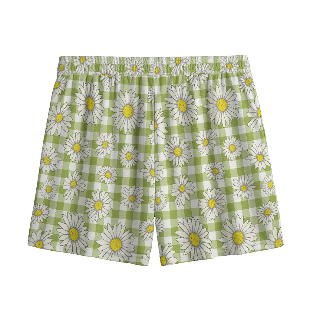 Green Tartan Daisy Pattern Print Mesh Shorts