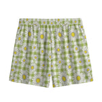 Green Tartan Daisy Pattern Print Mesh Shorts
