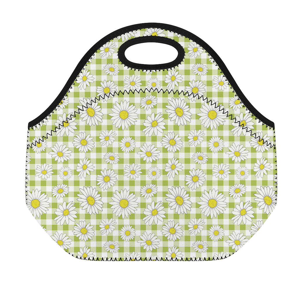 Green Tartan Daisy Pattern Print Neoprene Lunch Bag