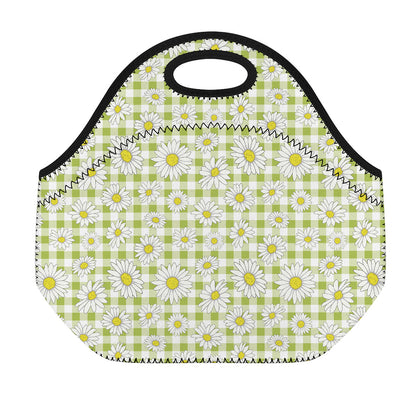 Green Tartan Daisy Pattern Print Neoprene Lunch Bag