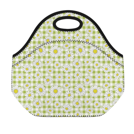 Green Tartan Daisy Pattern Print Neoprene Lunch Bag