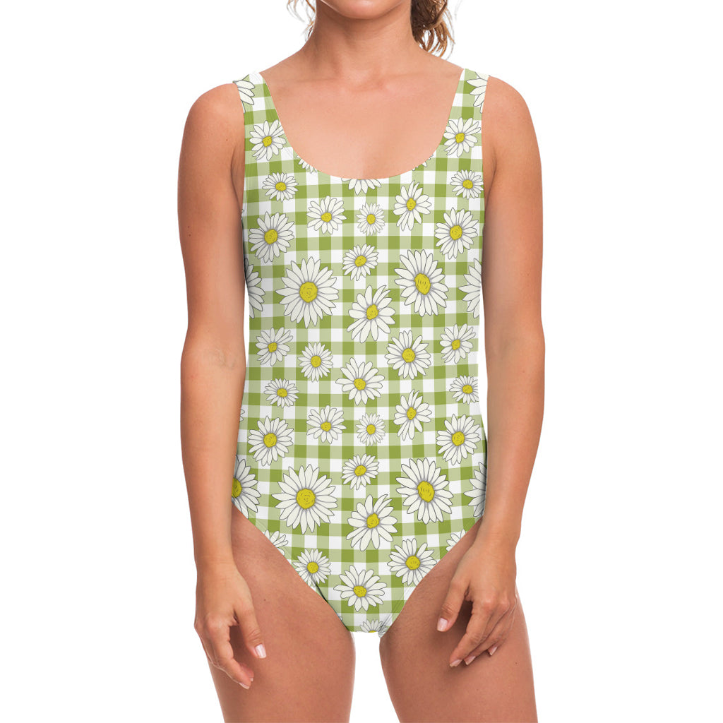 Green Tartan Daisy Pattern Print One Piece Swimsuit