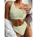 Green Tartan Daisy Pattern Print One Shoulder Bikini Top