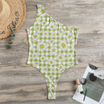 Green Tartan Daisy Pattern Print One Shoulder Bodysuit