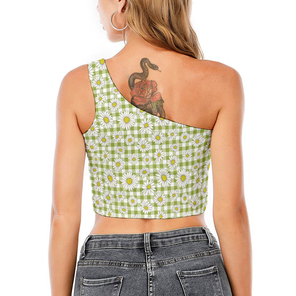 Green Tartan Daisy Pattern Print One Shoulder Crop Top