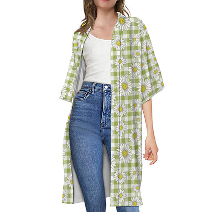 Green Tartan Daisy Pattern Print Open Front Beach Cover Up