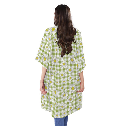 Green Tartan Daisy Pattern Print Open Front Beach Cover Up