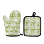 Green Tartan Daisy Pattern Print Oven Mitt And Pot Holder Set