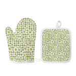 Green Tartan Daisy Pattern Print Oven Mitt And Pot Holder Set