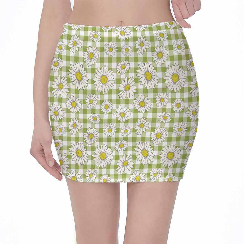 Green Tartan Daisy Pattern Print Pencil Mini Skirt