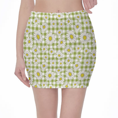 Green Tartan Daisy Pattern Print Pencil Mini Skirt