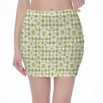 Green Tartan Daisy Pattern Print Pencil Mini Skirt