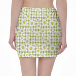 Green Tartan Daisy Pattern Print Pencil Mini Skirt