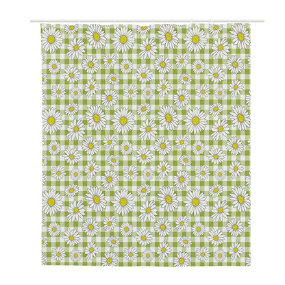 Green Tartan Daisy Pattern Print Polyester Shower Curtain