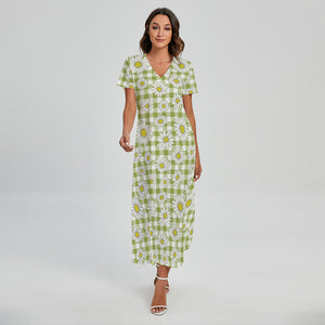 Green Tartan Daisy Pattern Print Short Sleeve Maxi Dress