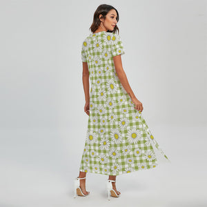 Green Tartan Daisy Pattern Print Short Sleeve Maxi Dress