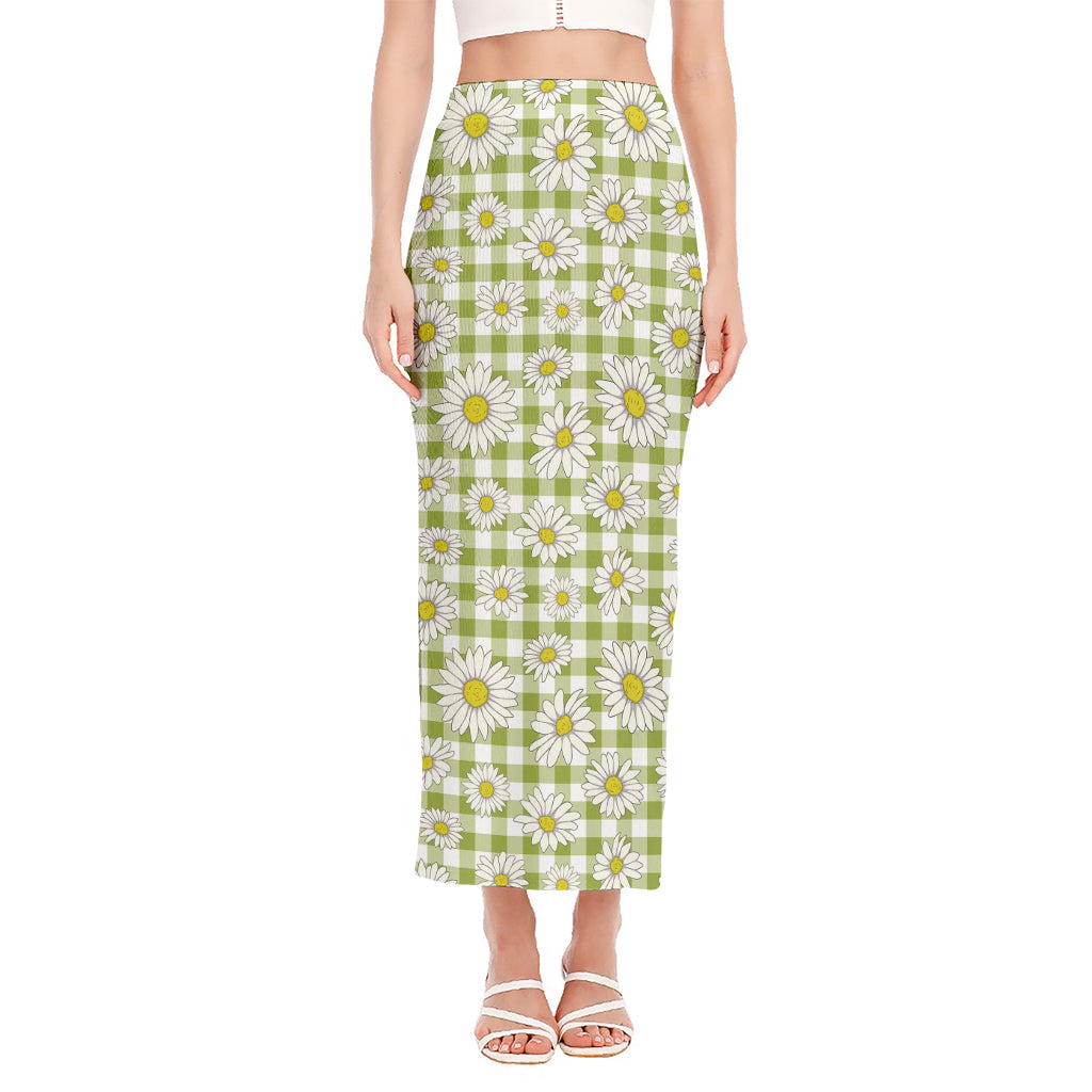 Green Tartan Daisy Pattern Print Side Slit Maxi Skirt