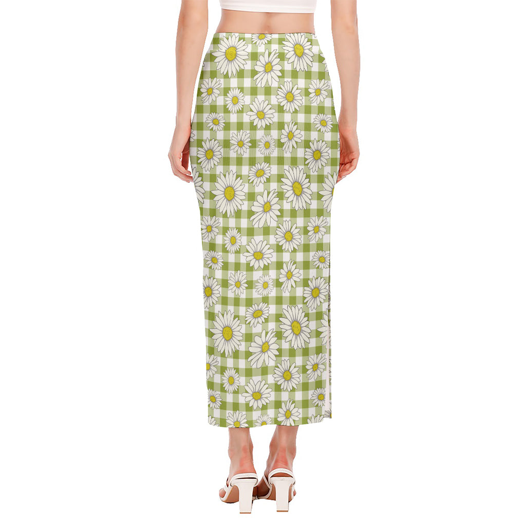 Green Tartan Daisy Pattern Print Side Slit Maxi Skirt