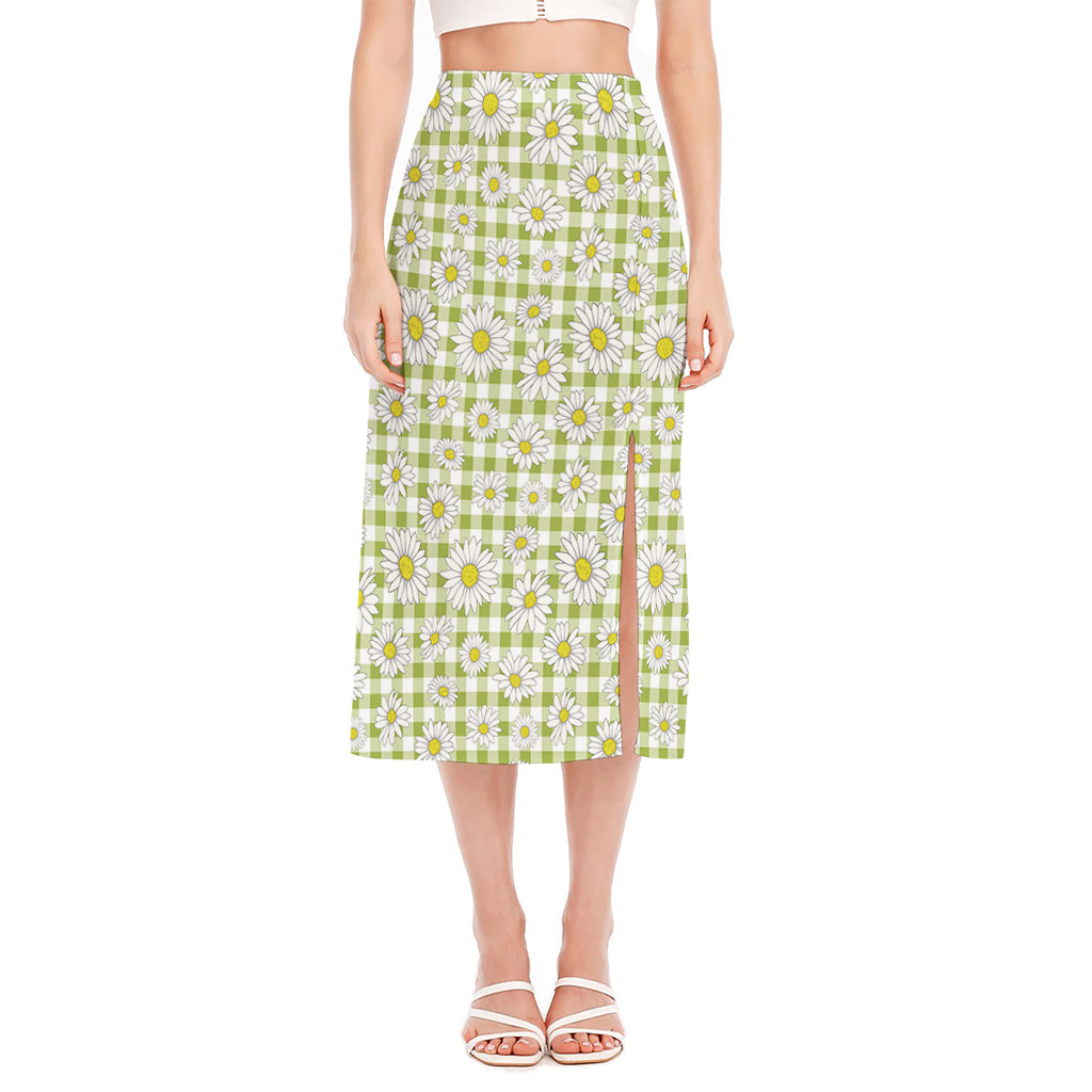 Green Tartan Daisy Pattern Print Side Slit Midi Skirt