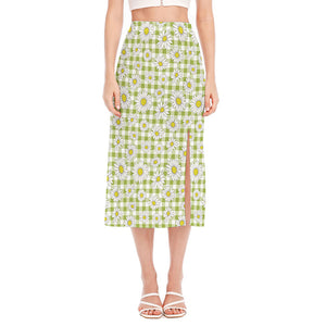 Green Tartan Daisy Pattern Print Side Slit Midi Skirt