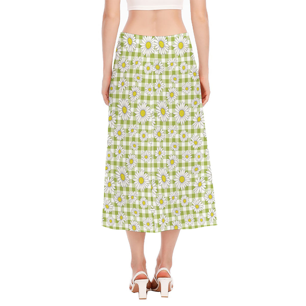 Green Tartan Daisy Pattern Print Side Slit Midi Skirt