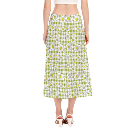 Green Tartan Daisy Pattern Print Side Slit Midi Skirt