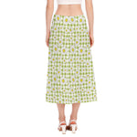 Green Tartan Daisy Pattern Print Side Slit Midi Skirt