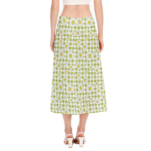 Green Tartan Daisy Pattern Print Side Slit Midi Skirt