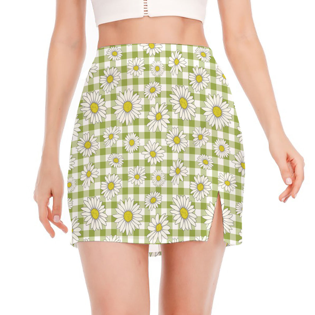 Green Tartan Daisy Pattern Print Side Slit Mini Skirt