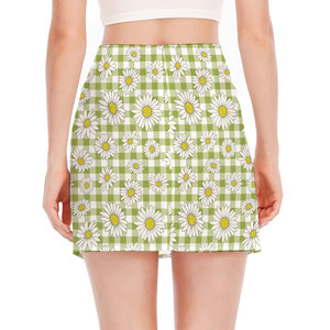 Green Tartan Daisy Pattern Print Side Slit Mini Skirt