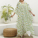 Green Tartan Daisy Pattern Print Silk V-Neck Kaftan Dress