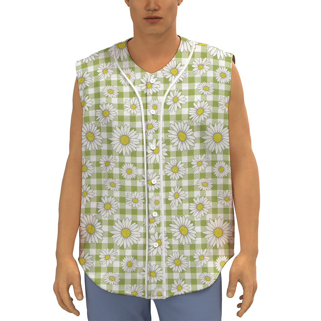 Green Tartan Daisy Pattern Print Sleeveless Baseball Jersey