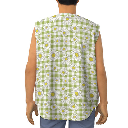 Green Tartan Daisy Pattern Print Sleeveless Baseball Jersey