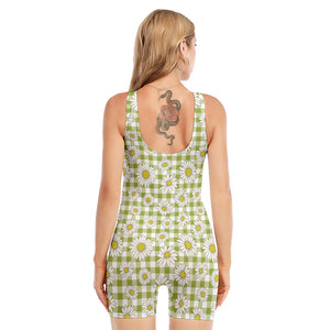 Green Tartan Daisy Pattern Print Sleeveless One Piece Swimsuit