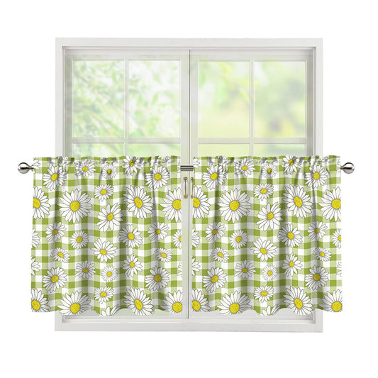 Green Tartan Daisy Pattern Print Tier Curtains