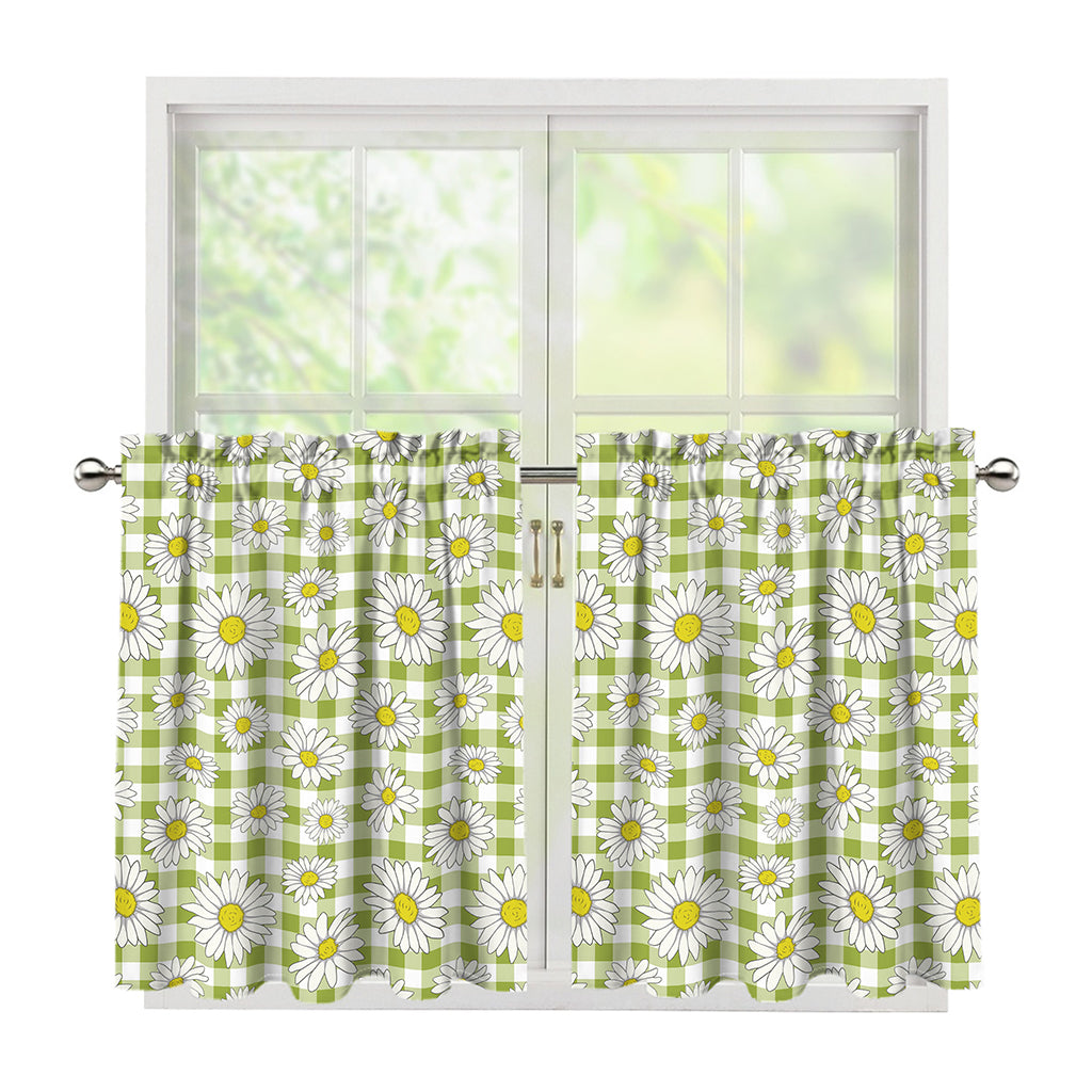 Green Tartan Daisy Pattern Print Tier Curtains